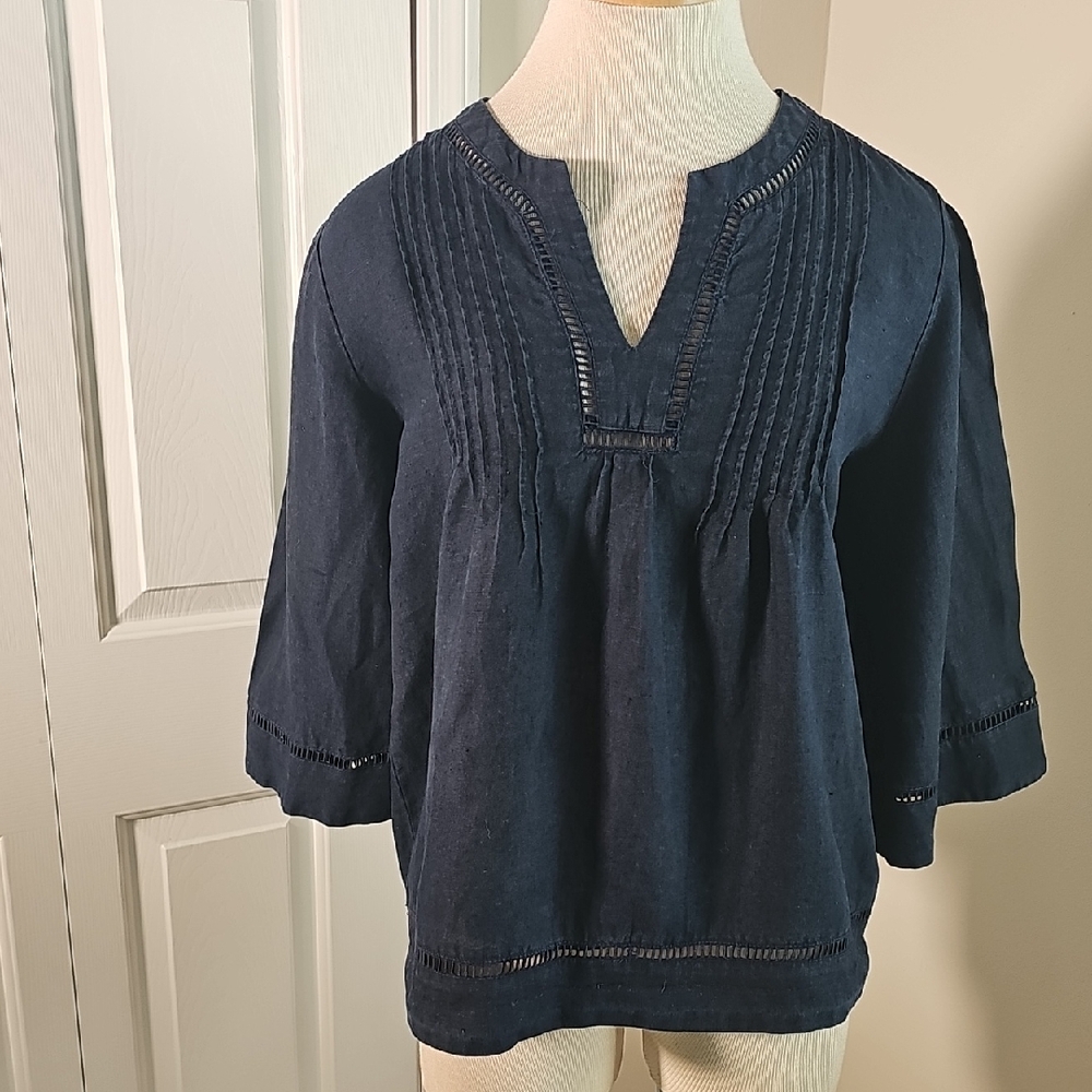 Ralph Lauren Navy Blue Pintuck Peasant Blouse
